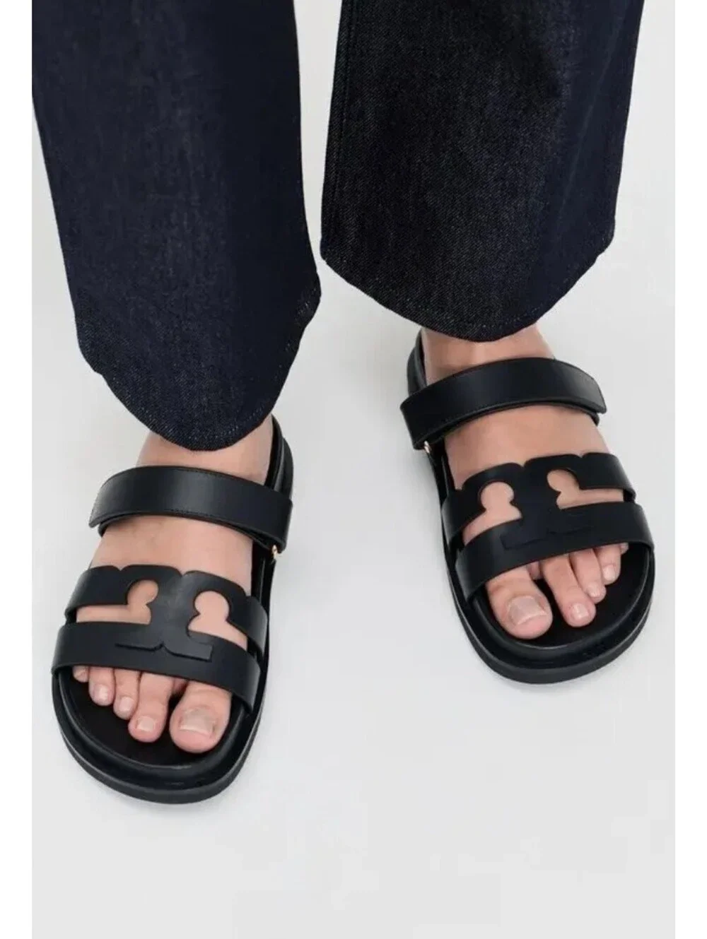 Size 7.5 - Tory Burch Ines Black Leather Logo Slide Sandals